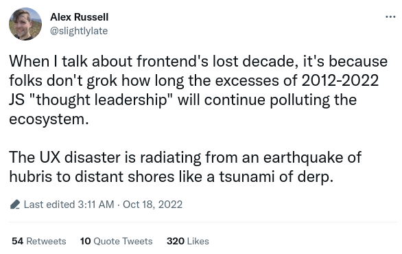 Tweet about frontend's lost decade